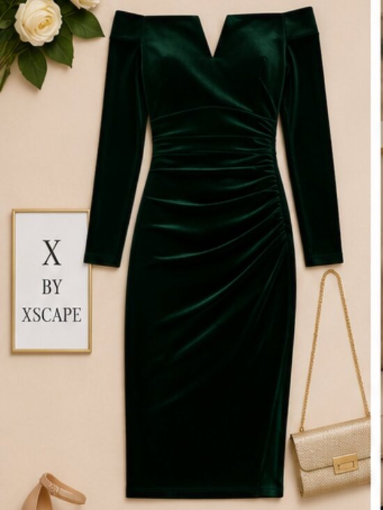 Xscape Dresses & Skirts - Xscape Hunter Green Velvet Off Shoulder Sheath Dress NWT Size 10 Elegant